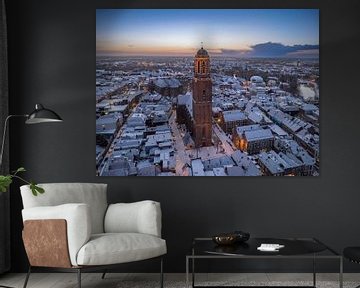 Zwolse Peperbus kerktoren tijdens een koude winter zonsopgang van Sjoerd van der Wal Fotografie