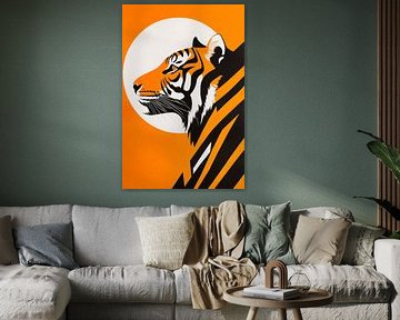 Tiger profile in front of an orange sun - Minimalist by Poster Art Shop