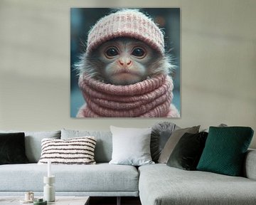 Sneeuwaapje gekleed voor de winter