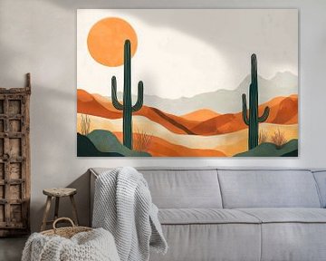 Woestijnlandschap met cactussen en zon van Poster Art Shop