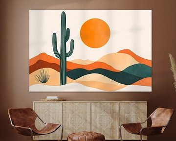 Woestijnlandschap met cactus en zon van Poster Art Shop