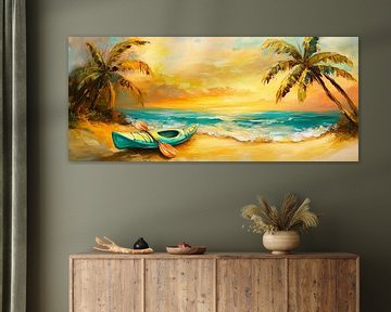 Kano op het strand bij zonsondergang van Poster Art Shop