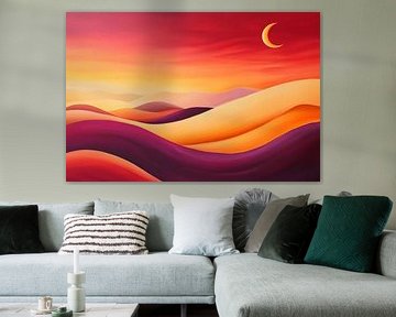Abendlandschaft mit Mond und Wellenformen von Poster Art Shop