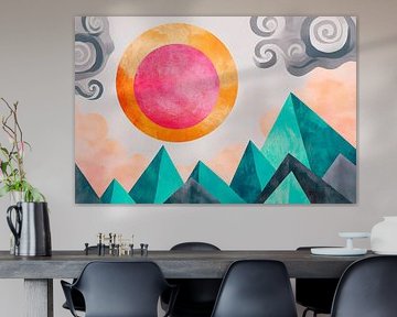 Paysage de montagne abstrait avec arrondi du soleil sur Poster Art Shop
