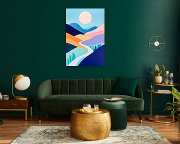 Abstract landschap met rivier en zon van Poster Art Shop