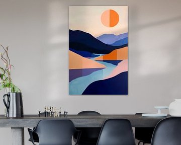 Abstract landschap met zon en rivier van Poster Art Shop