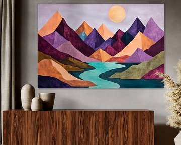 Berglandschap met rivier en zon - Gekleurd van Poster Art Shop