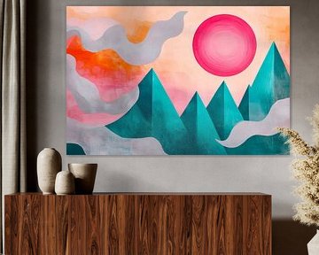 Paysage de montagne avec soleil rose - Abstrait sur Poster Art Shop