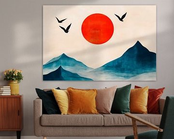 Paysage de montagne avec soleil rouge et oiseaux sur Poster Art Shop