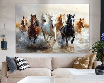 Chevaux de galop au bord de la mer