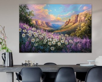 Blossoming mountain landscape at sunset by Poster Art Shop