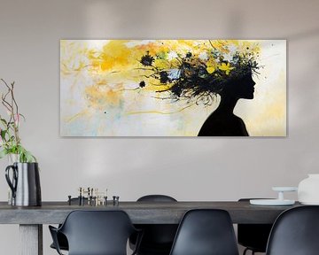 Bloemenkroon - silhouet in geel en zwart van Poster Art Shop