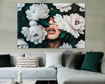 Blütenrausch: Gesicht hinter Pfingstrosen von Poster Art Shop