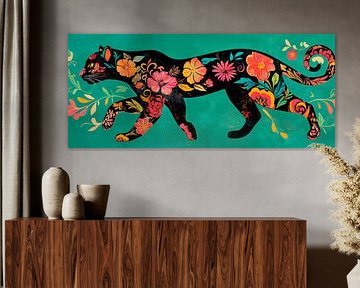 Floral pattern panther on green - Artful by Poster Art Shop