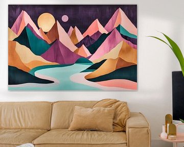 Kleurrijk berglandschap met rivier en maan van Poster Art Shop