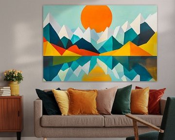 Colourful mountain landscape with orange sun by Poster Art Shop
