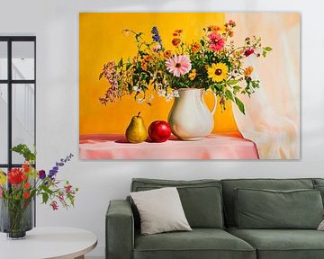 Colourful flowers in vase with fruit arrangement by Poster Art Shop