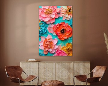 Colourful floral art on turquoise - Vibrant by Poster Art Shop