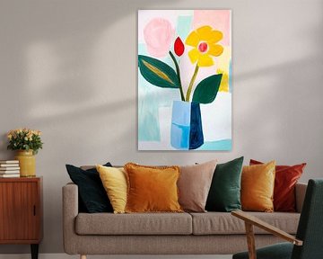 Natures mortes de fleurs colorées dans du verre bleu sur Poster Art Shop