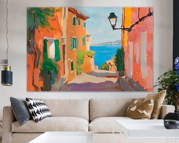 Kleurrijk steegje met uitzicht op zee - Middellandse Zee van Poster Art Shop