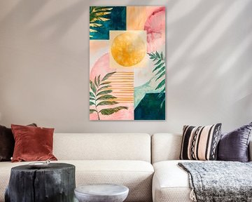 Bunte Geometrie mit Sonnenmotiv und Blättern von Poster Art Shop