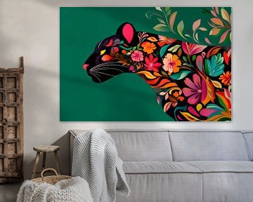 Kleurrijk silhouet van jaguar met bloemmotieven van Poster Art Shop