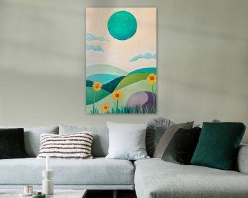 Bunte Landschaft mit Sonne und Mond von Poster Art Shop