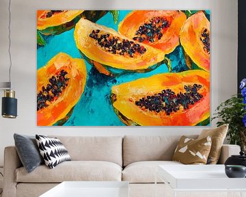 Kleurrijke papaja schijfjes op aquablauw van Poster Art Shop