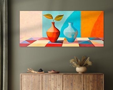 Colourful vases with leaves on table by Poster Art Shop