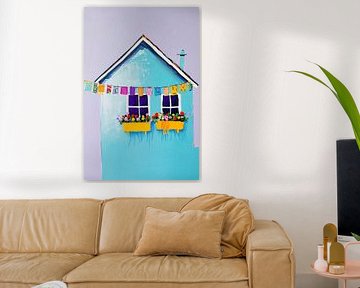 Maison colorée avec fleurs et fanions - Joyeux sur Poster Art Shop