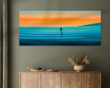 Homme seul au bord de la mer au coucher du soleil sur Poster Art Shop