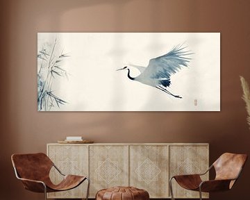 Elegante vliegende kraanvogel in de mist van Poster Art Shop