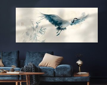 Elegante kraanvogel in vlucht - Aziatische inktkunst van Poster Art Shop