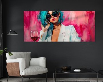 Explosion de couleurs : une femme avec des lunettes de soleil et du vin sur Poster Art Shop