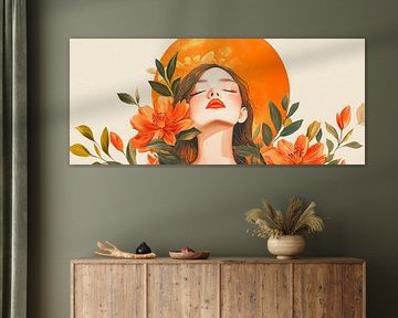 Femme solennelle avec fleurs et soleil sur Poster Art Shop