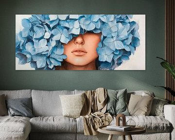 Vrouwelijk portret met blauwe bloemen van Poster Art Shop