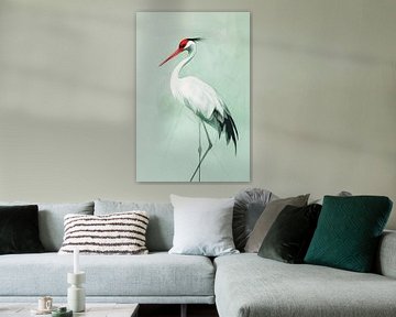 Kraanvogel in Minimalistische Harmonie Mintgroen van Eva Lee