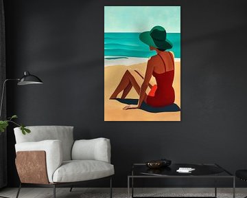 Woman on the beach in red and green by Poster Art Shop