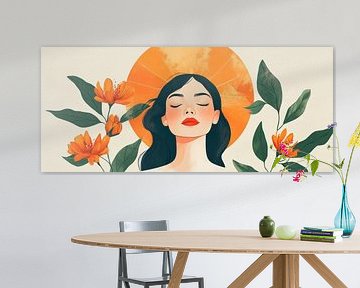 Frau mit Blumen und Sonnenkranz – Illustriert von Poster Art Shop