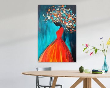 Vrouw met bloemenmuts in rood en blauw van Poster Art Shop