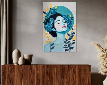 Vrouw met bloemenkrans in blauwgroen van Poster Art Shop