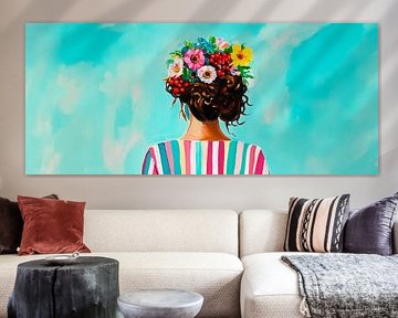 Woman with a wreath of flowers against a blue background by Poster Art Shop