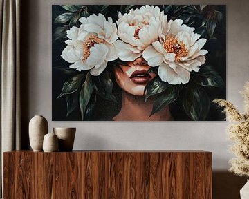 Vrouw met pioenen - Bloemig en mystiek