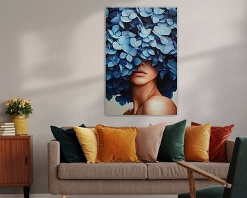 Vrouw met blauwe bloemen op haar gezicht van Poster Art Shop