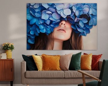 Woman with blue hydrangea blossoms - Portrait by Poster Art Shop