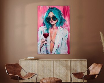 Vrouw met blauw haar en rode wijn - Levendig van Poster Art Shop