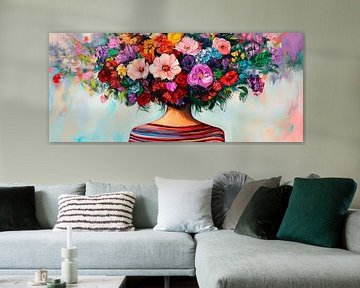 Vrouw met bloeiende bloemenkrans - Kleurrijk van Poster Art Shop