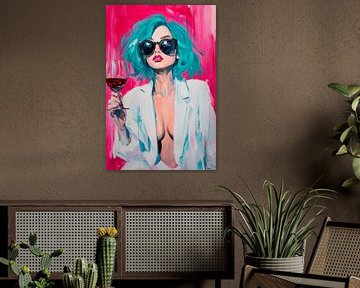 Femme aux cheveux verts et au vin - Pop Art sur Poster Art Shop