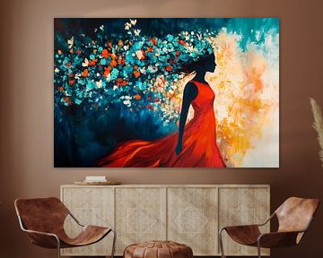 Woman with red dress and floral magic by Poster Art Shop