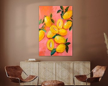 Frische Zitronen auf Korallenrot – Aquarell von Poster Art Shop